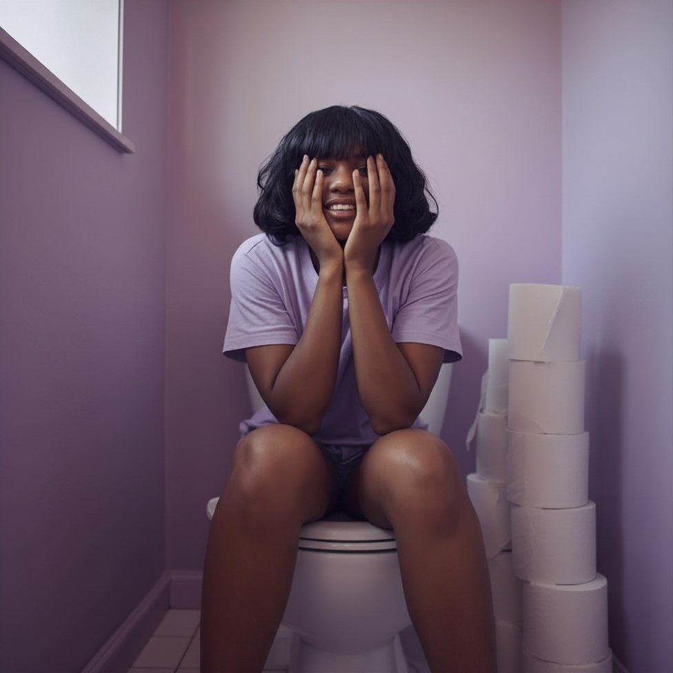 Portrait of a woman with dark hair seated in a pale violet bathroom, hands at her cheeks, a tall stack of toilet paper rolls beside her