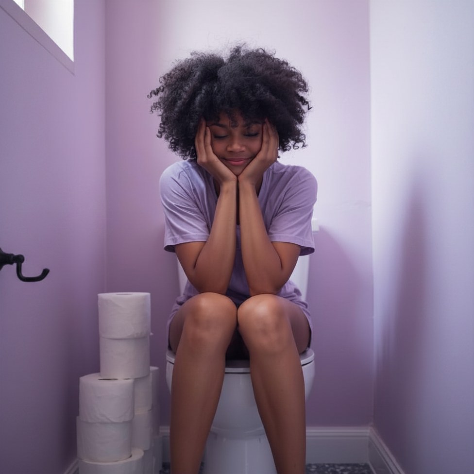 portrait in a pale violet bathroom